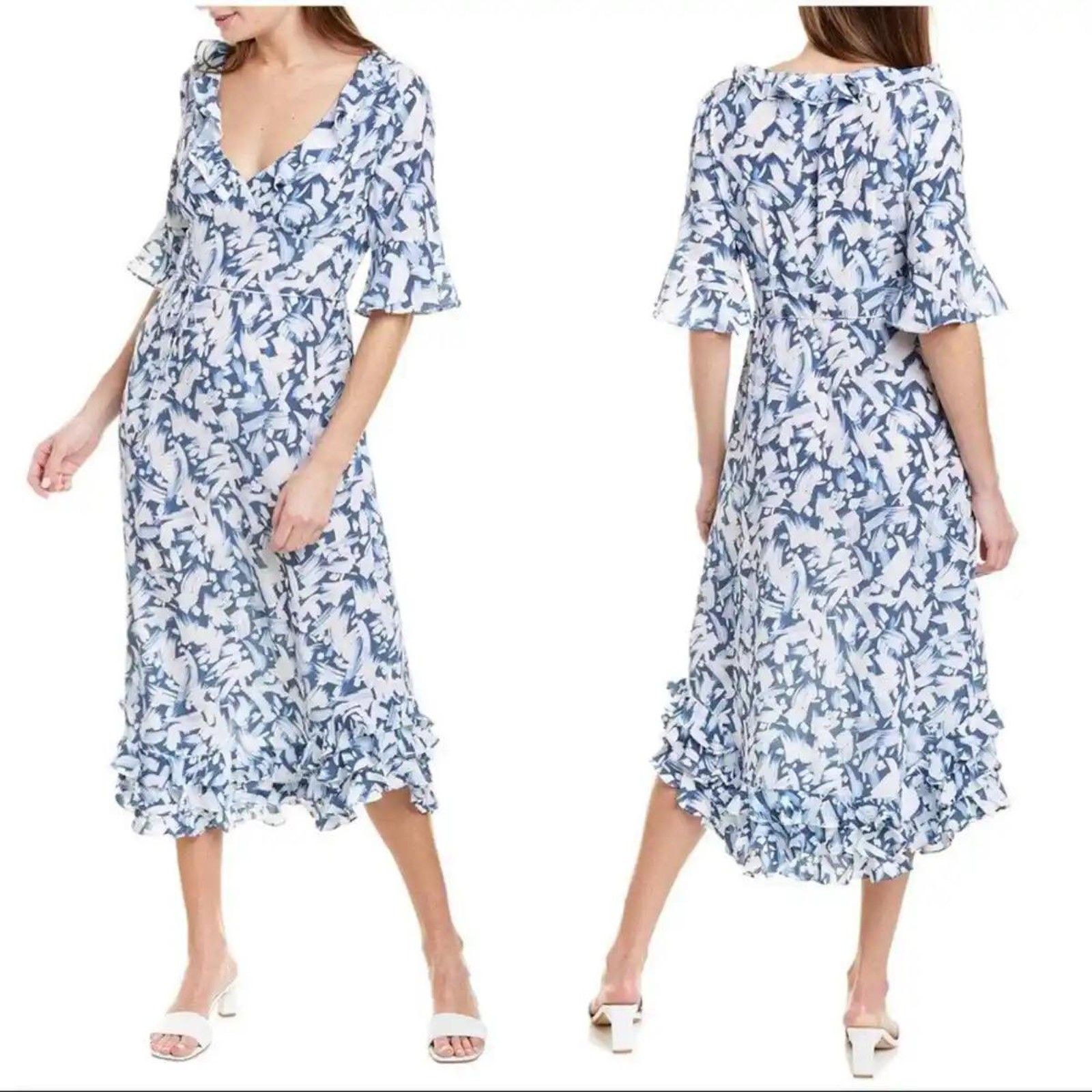 Tyler Boe Blue & White Isabella Silk Printed Midi Dress, Size Xs